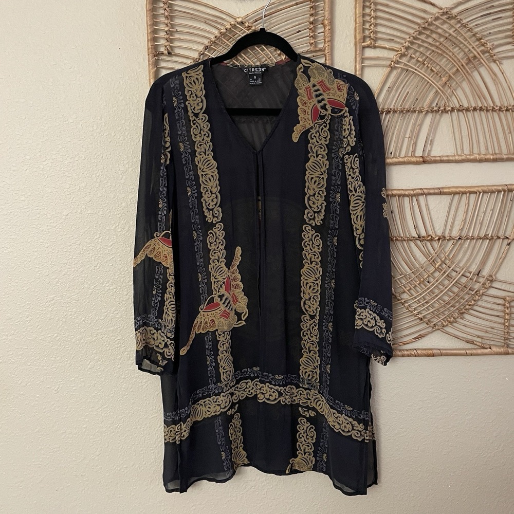 Citron Santa Monica Silk Kimono Cardigan‎ Topper Butterfly Asian Artsy Luxe M B9
